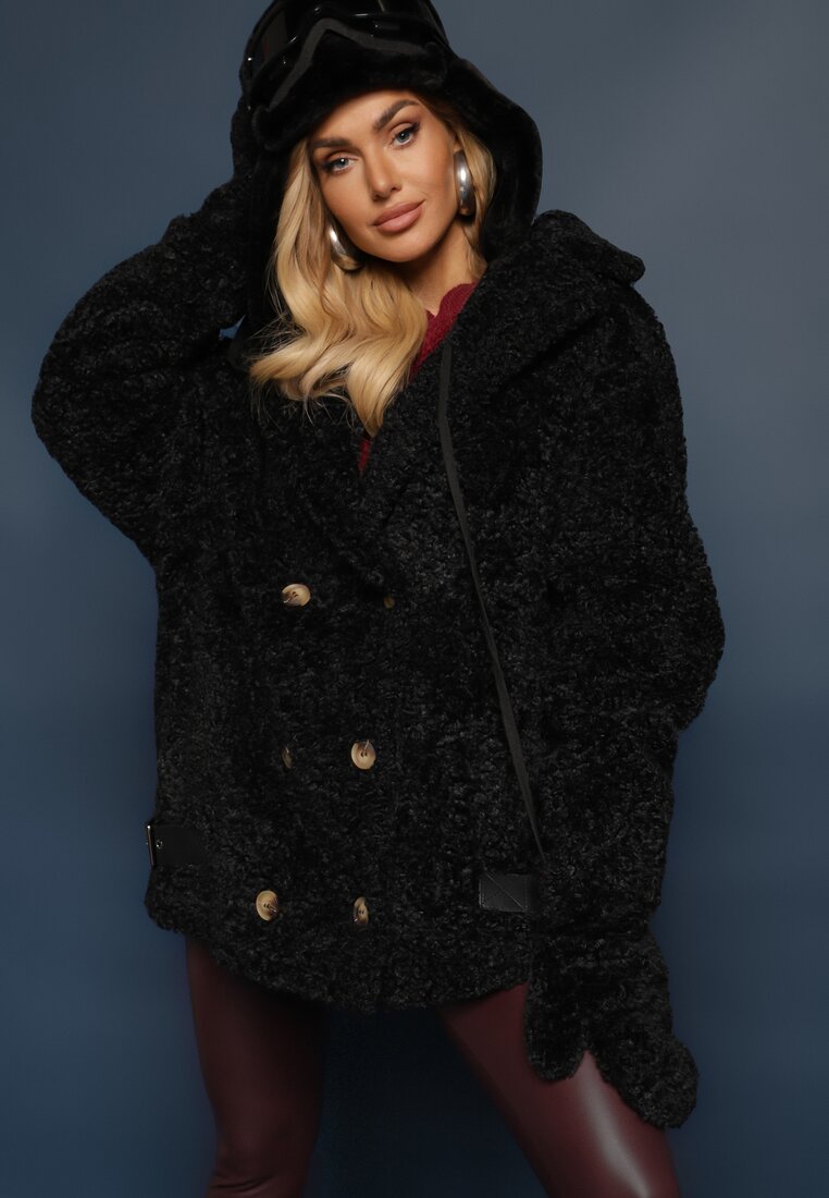 Palton din blană negru, dublu rând, cu mănuși suplimentare Hetirra