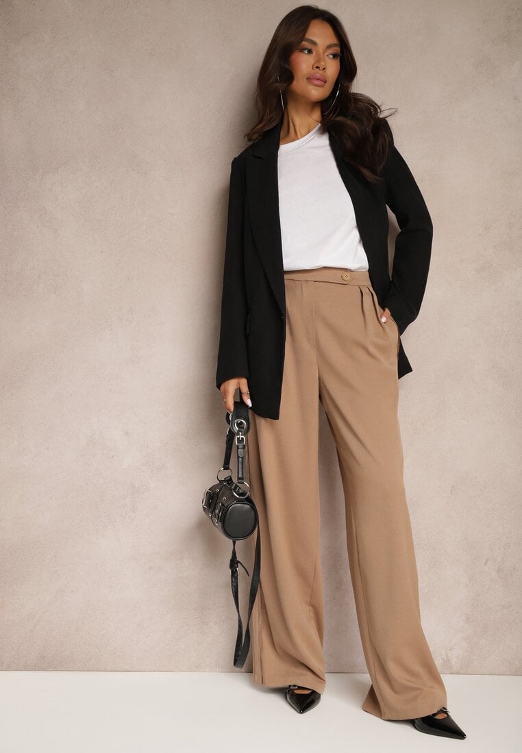 Pantaloni Bej închis din Vâscoză cu croială largă cu imitație de buzunare Zinnithria