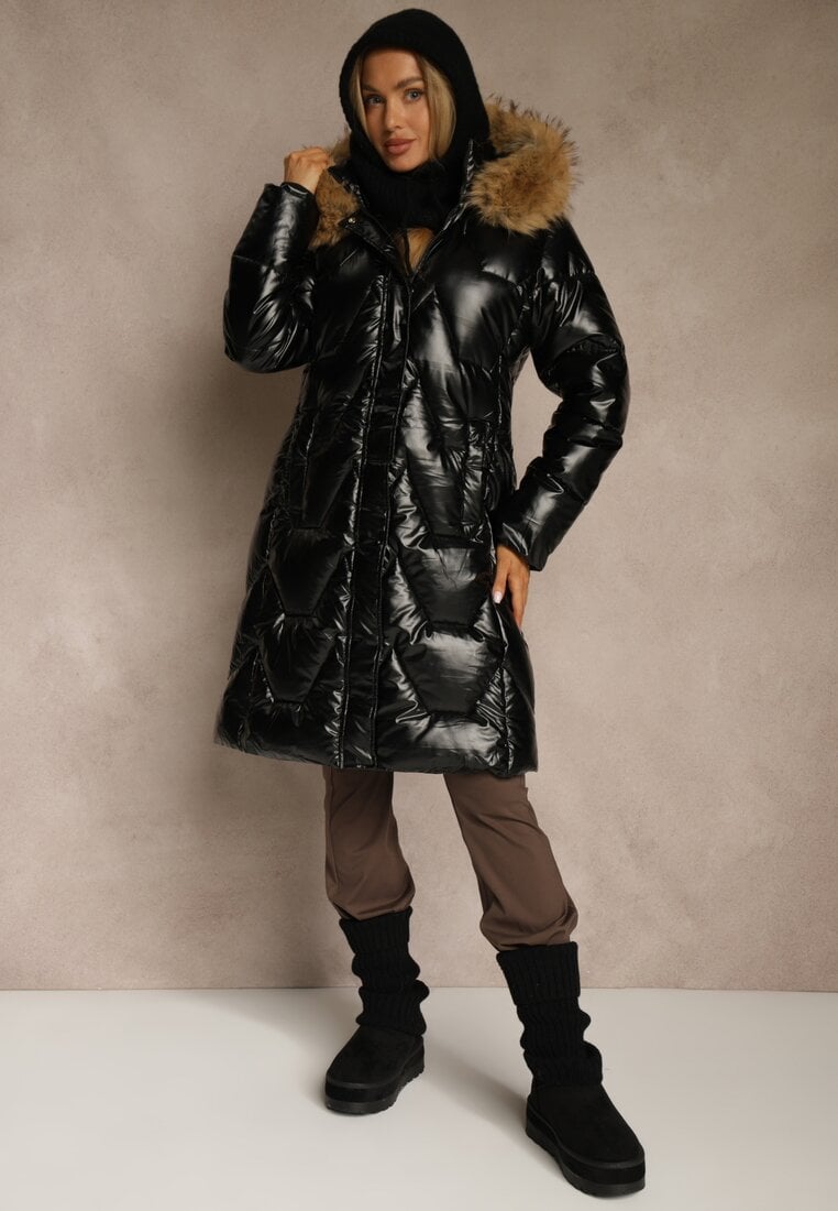 Jachetă Negru-Maro Matlasată Lungă cu Glugă și Blană Detașabilă, Foarte Călduroasă Lillanea