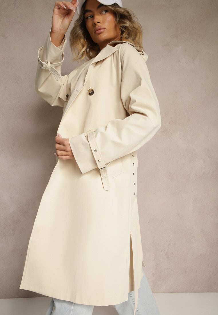 Palton Bej deschis Cu două rânduri Tip trenci Cu epoleți și curea în talie Malwizia