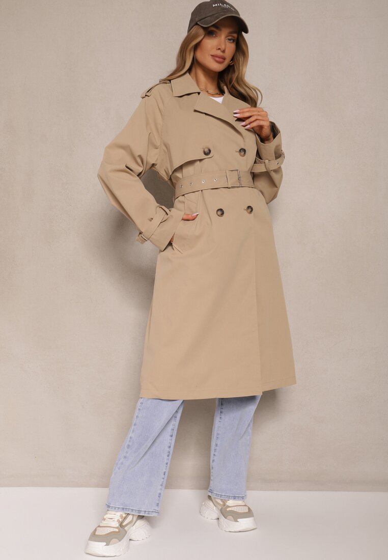 Palton Tip trenci Bej închis Dublu-rând cu Epoleți și Curea în Talie Malwizia