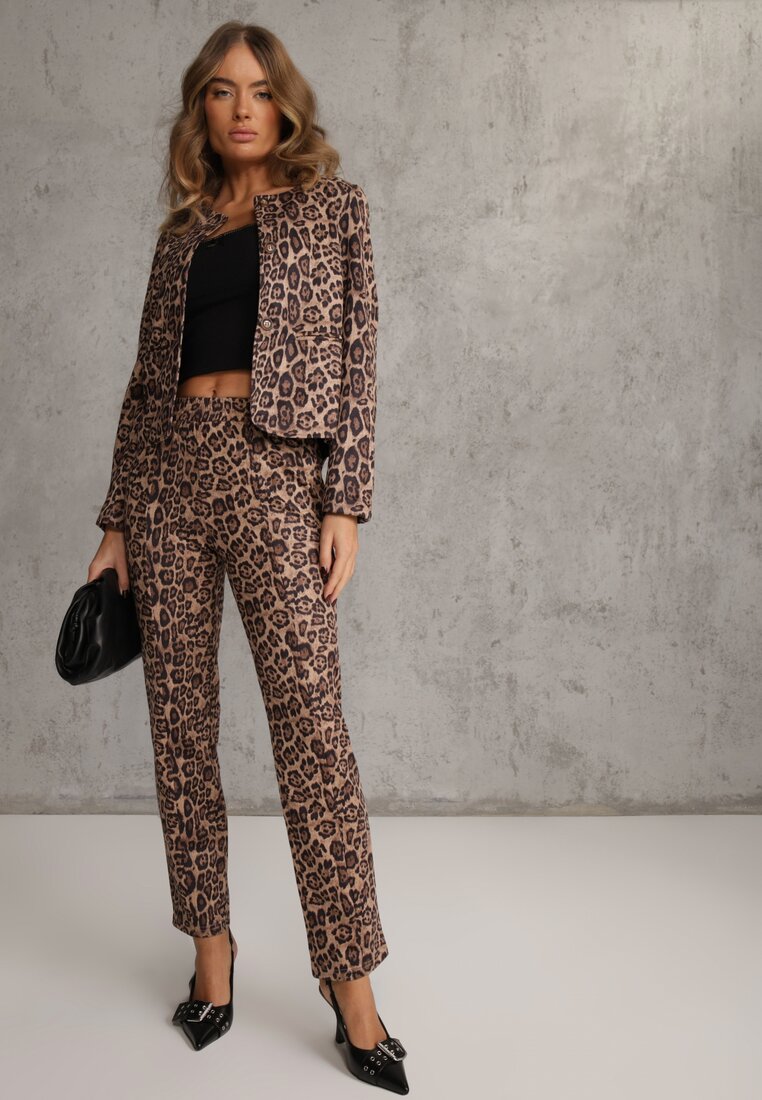 Pantaloni bej cu croială dreaptă cu imprimeu leopard Enalora