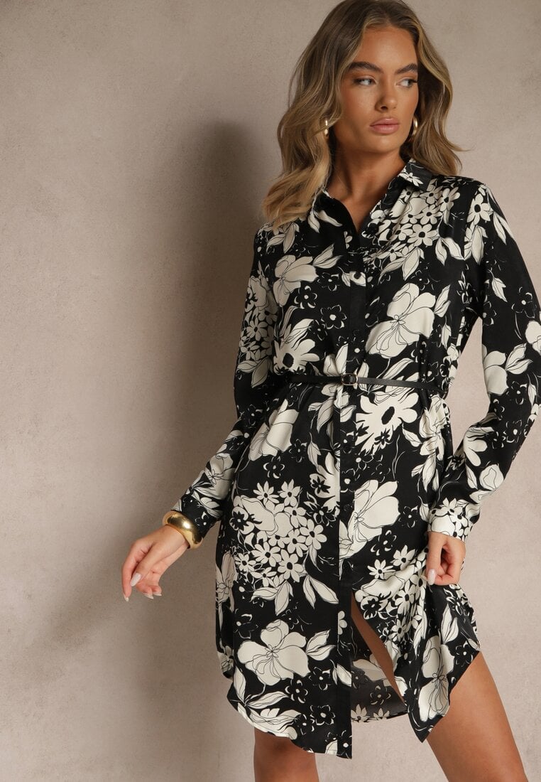 Rochie Negru-Alb Imprimată din Viscoză cu Croială Tip Cămașă cu Curea Ninnoria