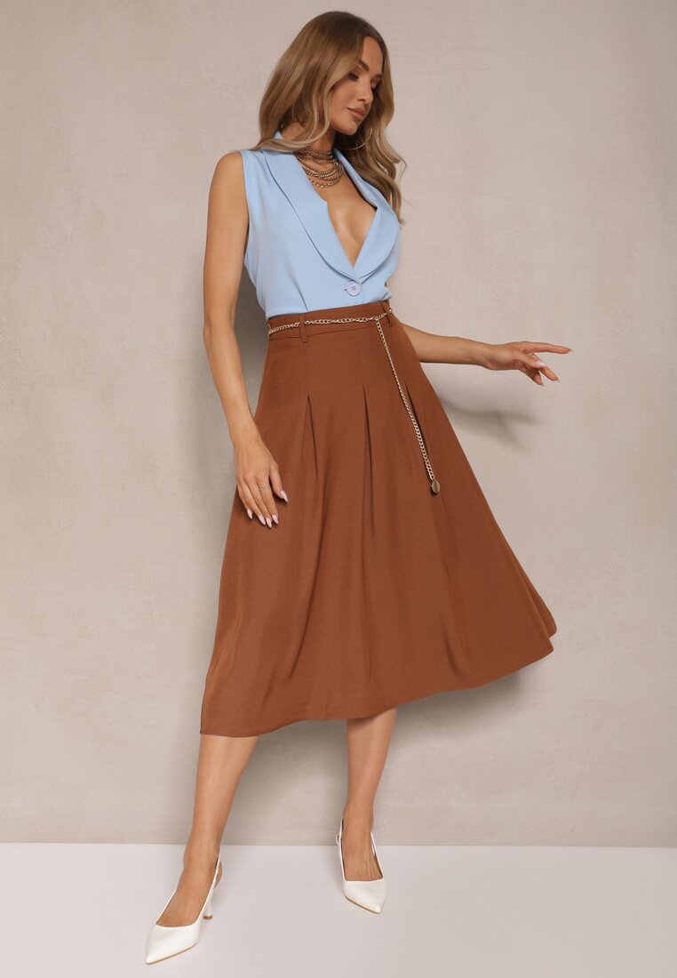 Fustă Maro din viscoză evazată cu curea lanț Lilethra