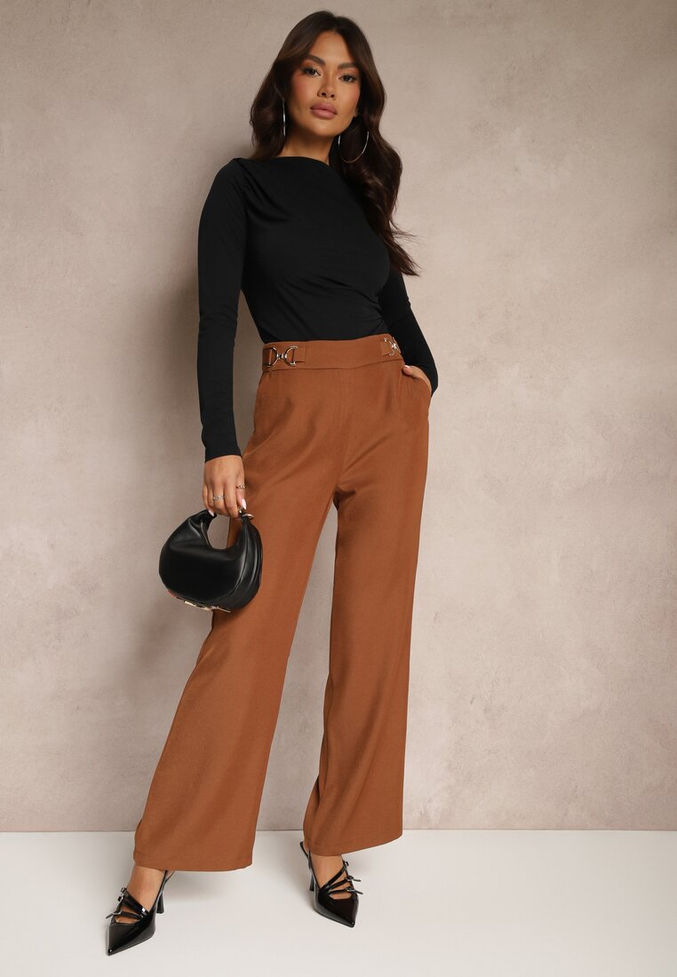 Pantaloni Maro cu talie înaltă, croială largă, cu curea și detaliu metalic auriu Eniarra