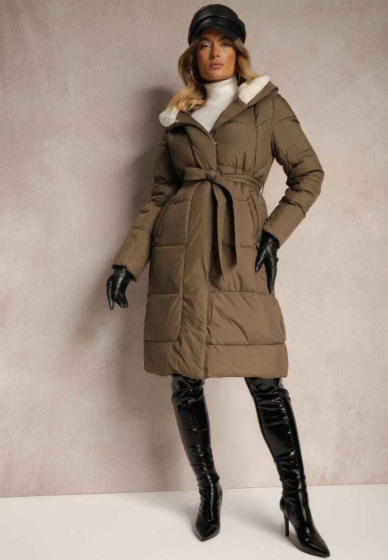 Jachetă matlasată lungă verde închis cu glugă legată în talie Neanethra