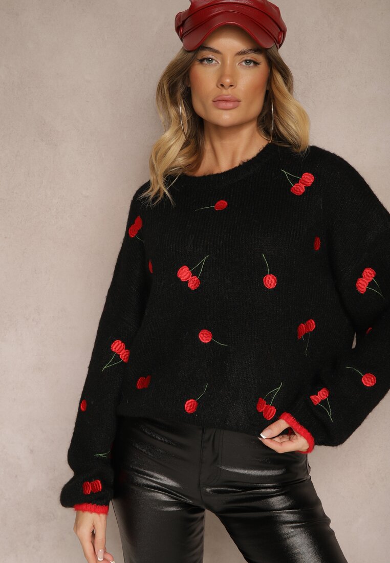 Pulover Negru cu Amestec de Lână cu Model de Cireșe Sintovia
