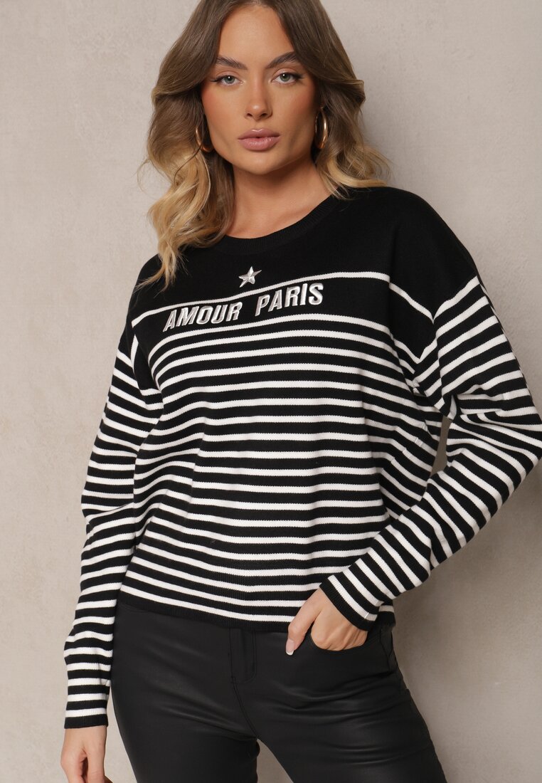Pulover Negru cu Bumbac Decorat cu Inscripție Brodată și Dungi Zeanika