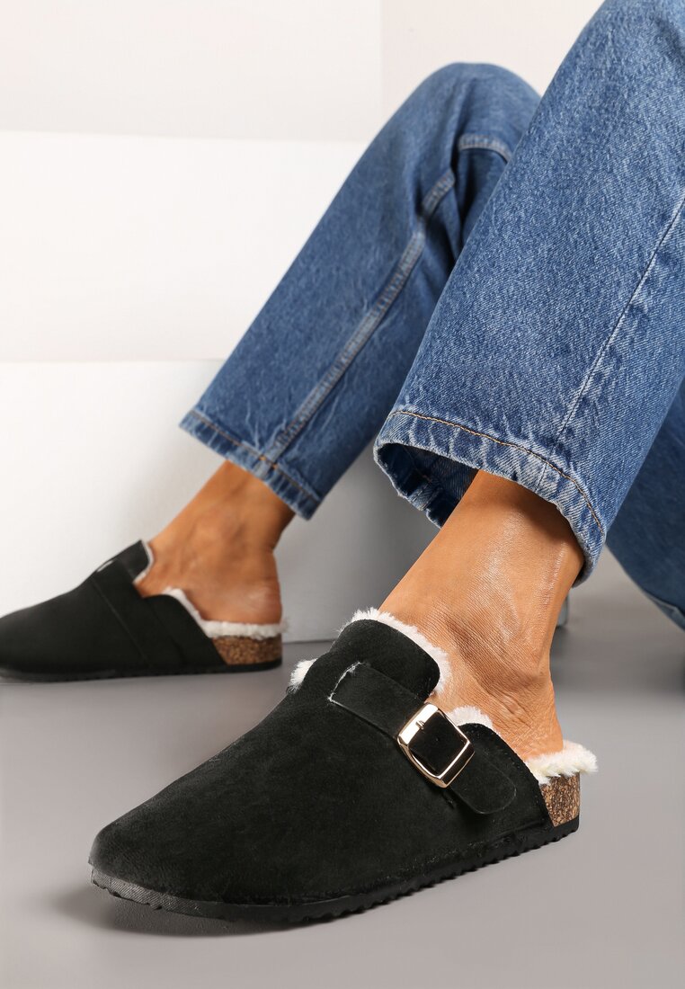 Papuci Negri pe Talpă Plată Decorați cu Curea cu Cataramă Ninnithra