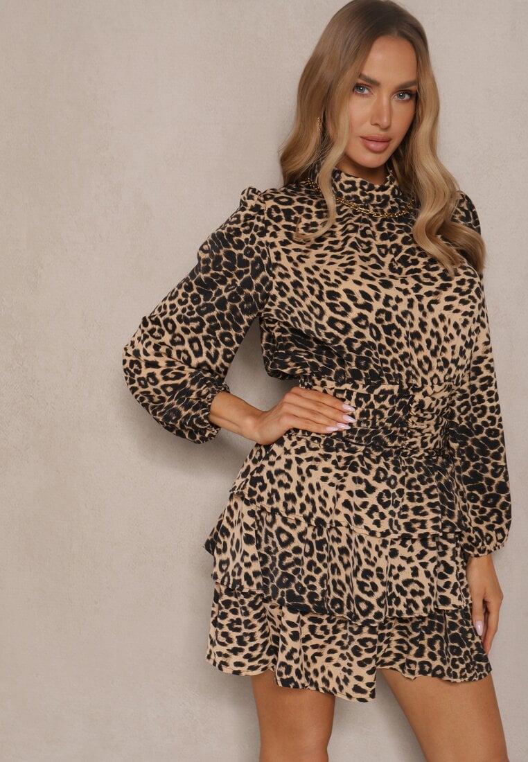 Rochie bej închis, cu imprimeu leopard, cambrată, croi evazat, cu volane Liloren