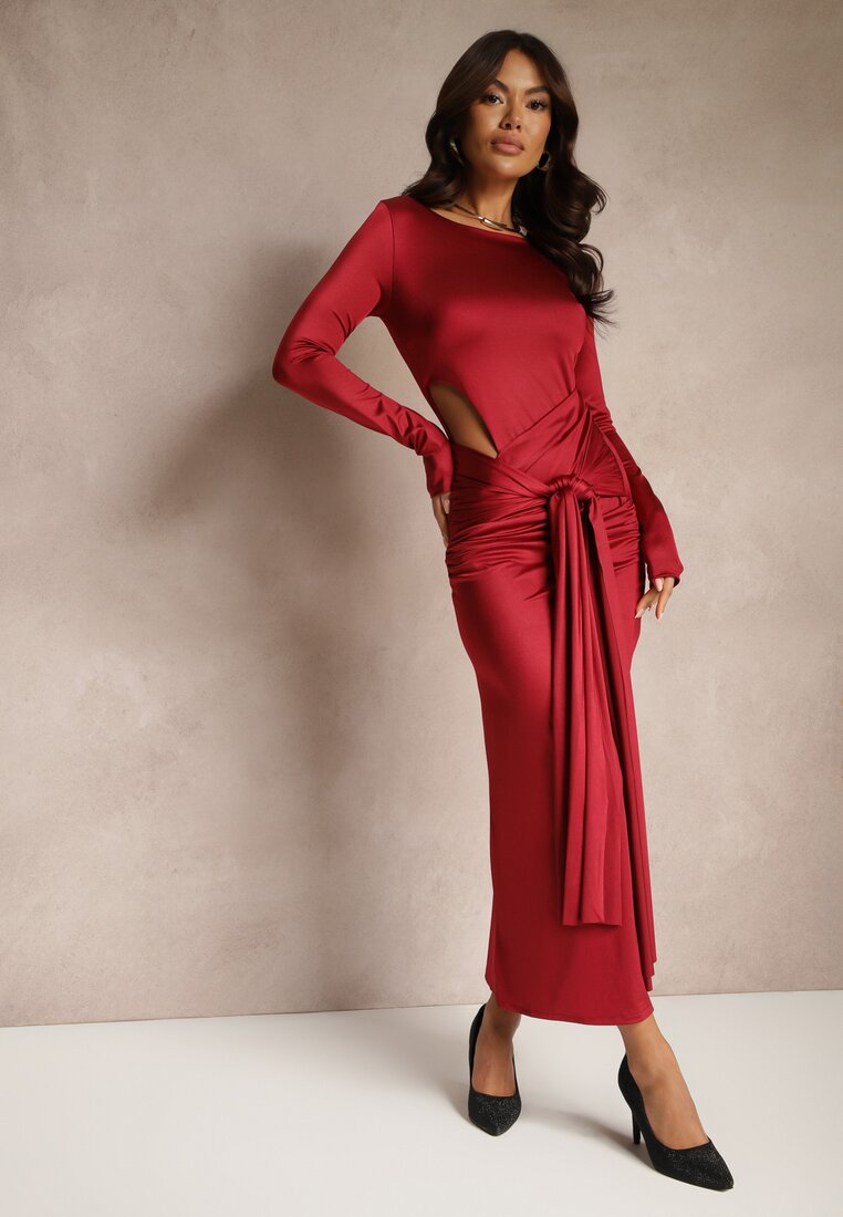 Rochie de cocktail Bordeaux cu Decupaj Decorativ și Legare Vamicea