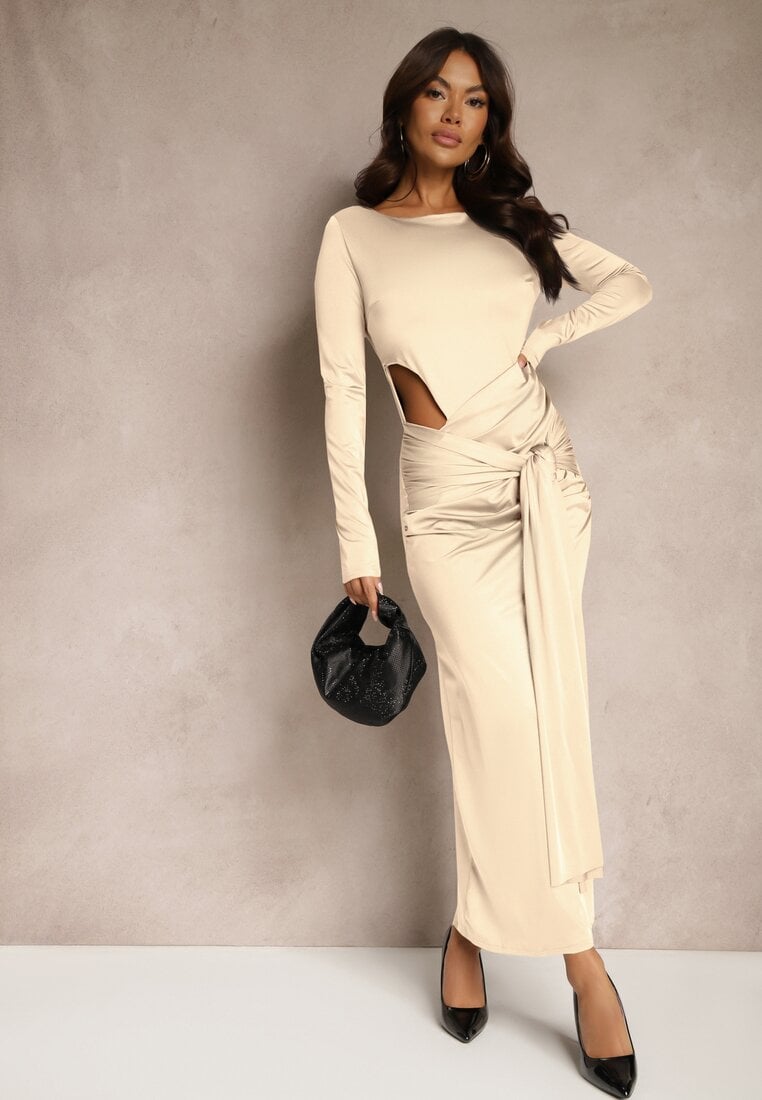 Rochie de cocktail bej cu Decupaj Decorativ și Legătură Vamicea
