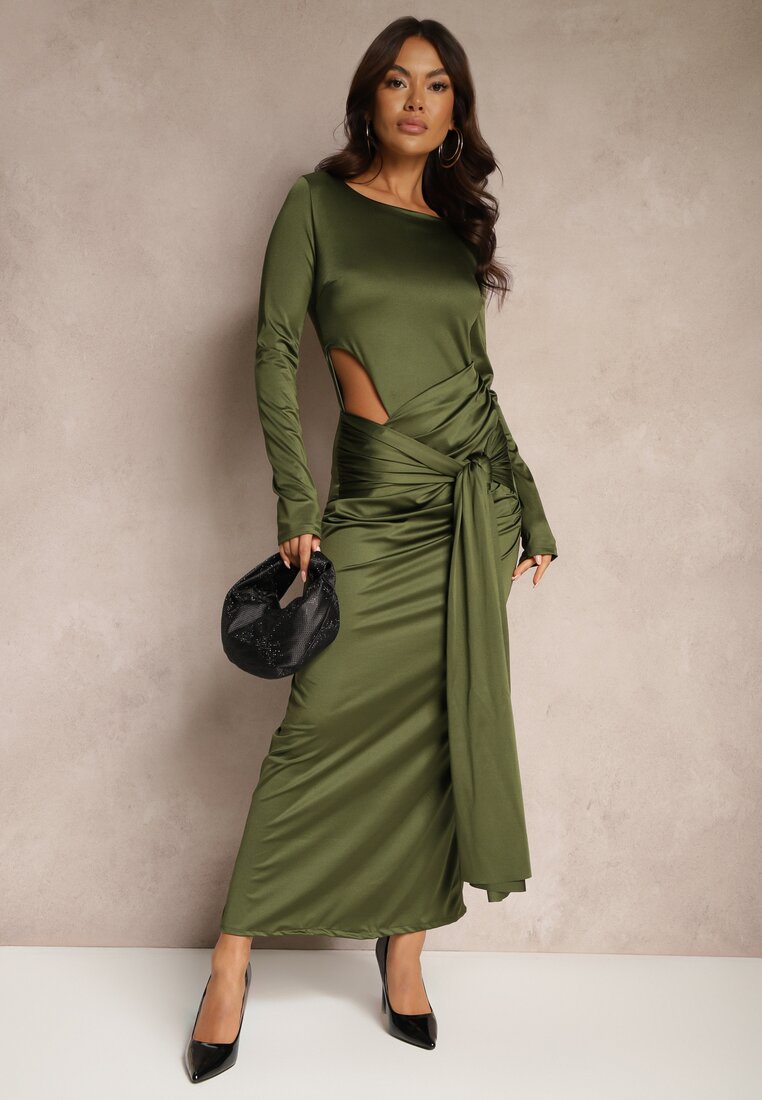 Rochie Verde de cocktail Decorată cu legătură și decolteu Vamizola