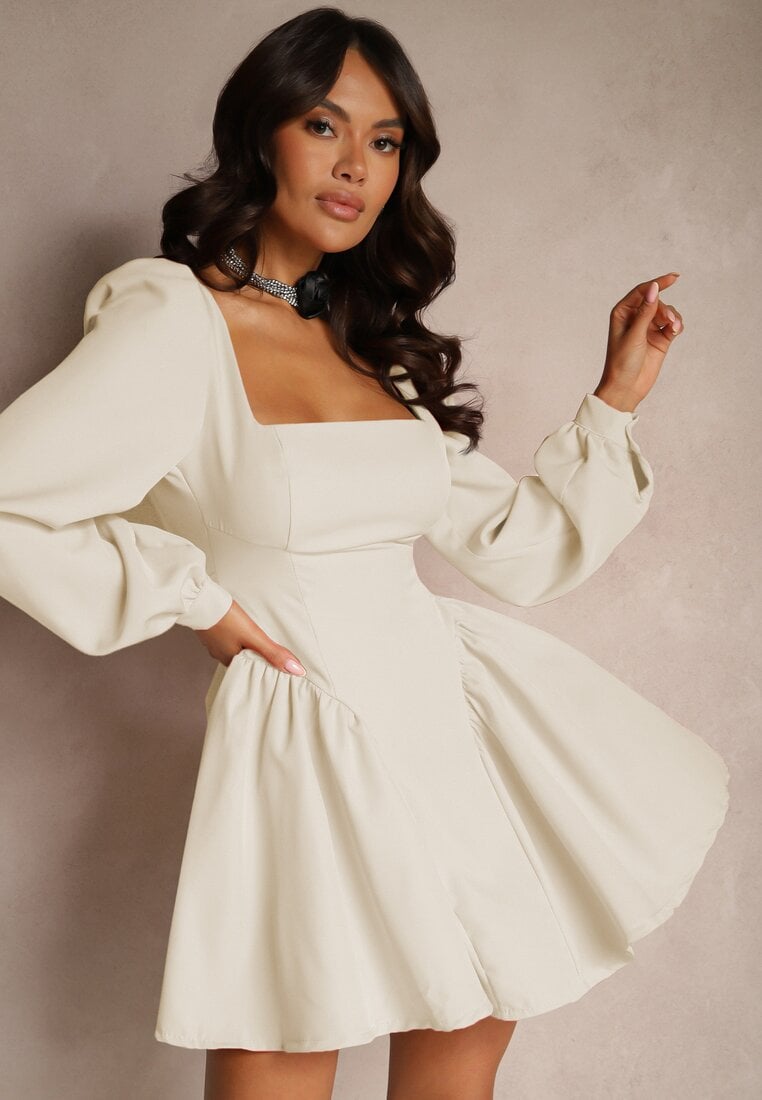 Rochie bej corset cu fustă evazată și mâneci ample legată la spate Enariel
