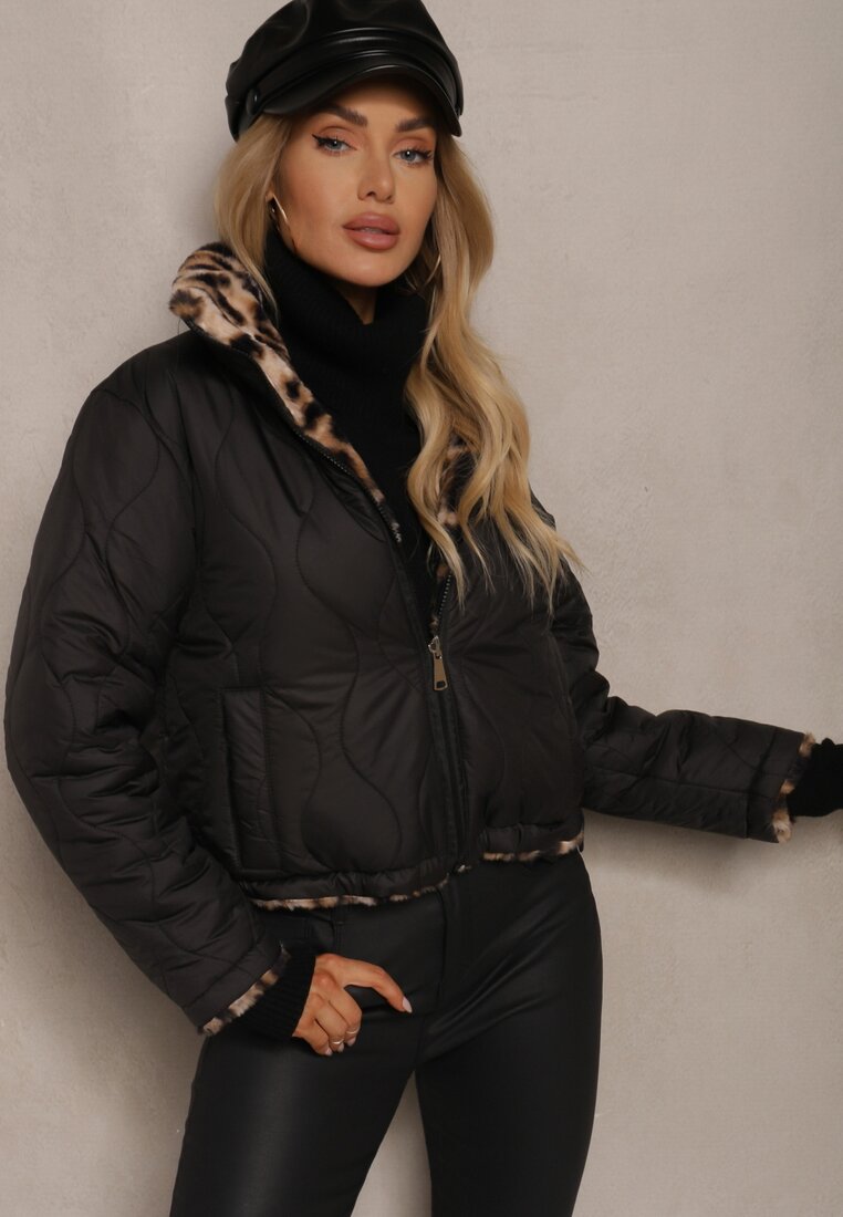 Geacă Puffer Neagră Matlasată Reversibilă cu Blană cu Imprimeu Leopard Tinnathra