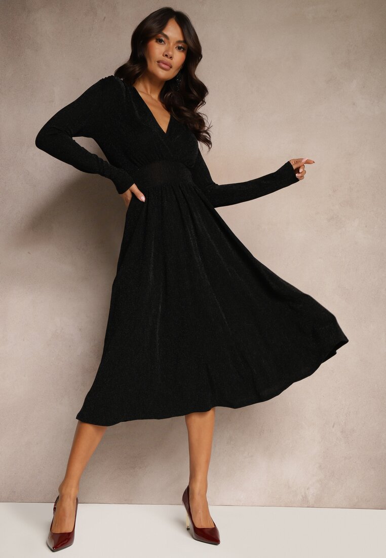 Rochie Neagră Evazată din Viscoză cu croi cambrat Cusută cu Fir Metalic Mesiel