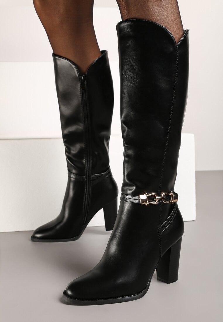Cizme Negre cu toc bloc peste genunchi cu cataramă Vortilina