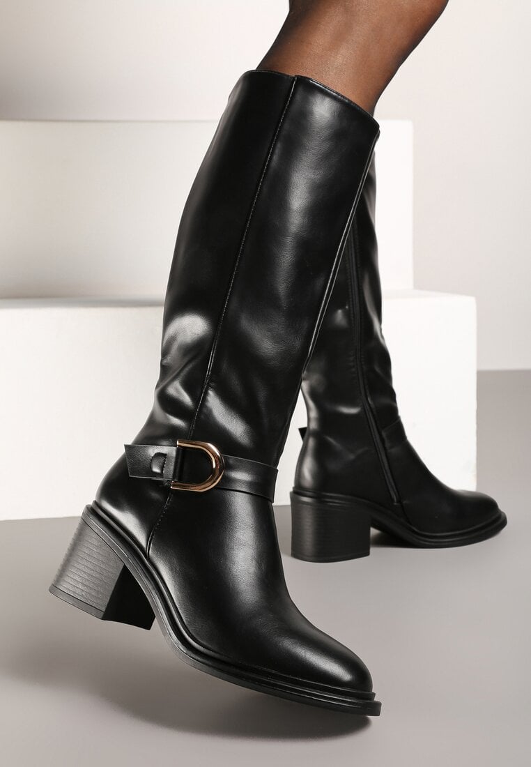 Cizme Negre cu toc bloc cu cataramă decorativă și curea Miavirae