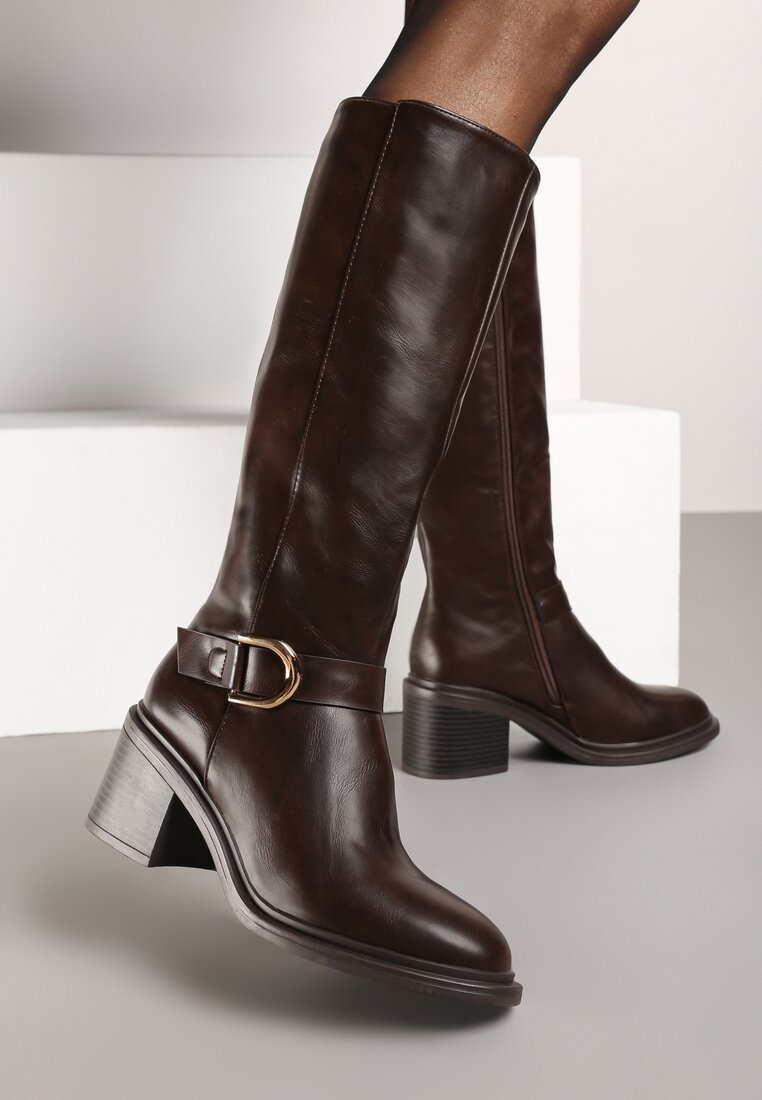 Cizme Maro cu toc gros cu cataramă decorativă și curea Miavirae