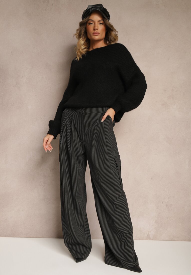 Pantaloni de costum negri din viscoză cu croială largă decorate cu model în dungi