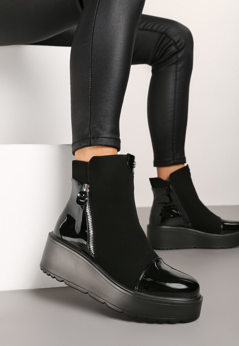 Ghete Negre cu toc pană, cu inserții lăcuite și fermoar decorativ Lannovia