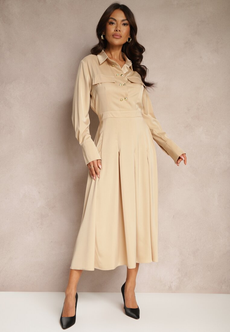 Rochie tip cămașă bej cu croială evazată cu elastic în talie și imitație de buzunare Etaviela
