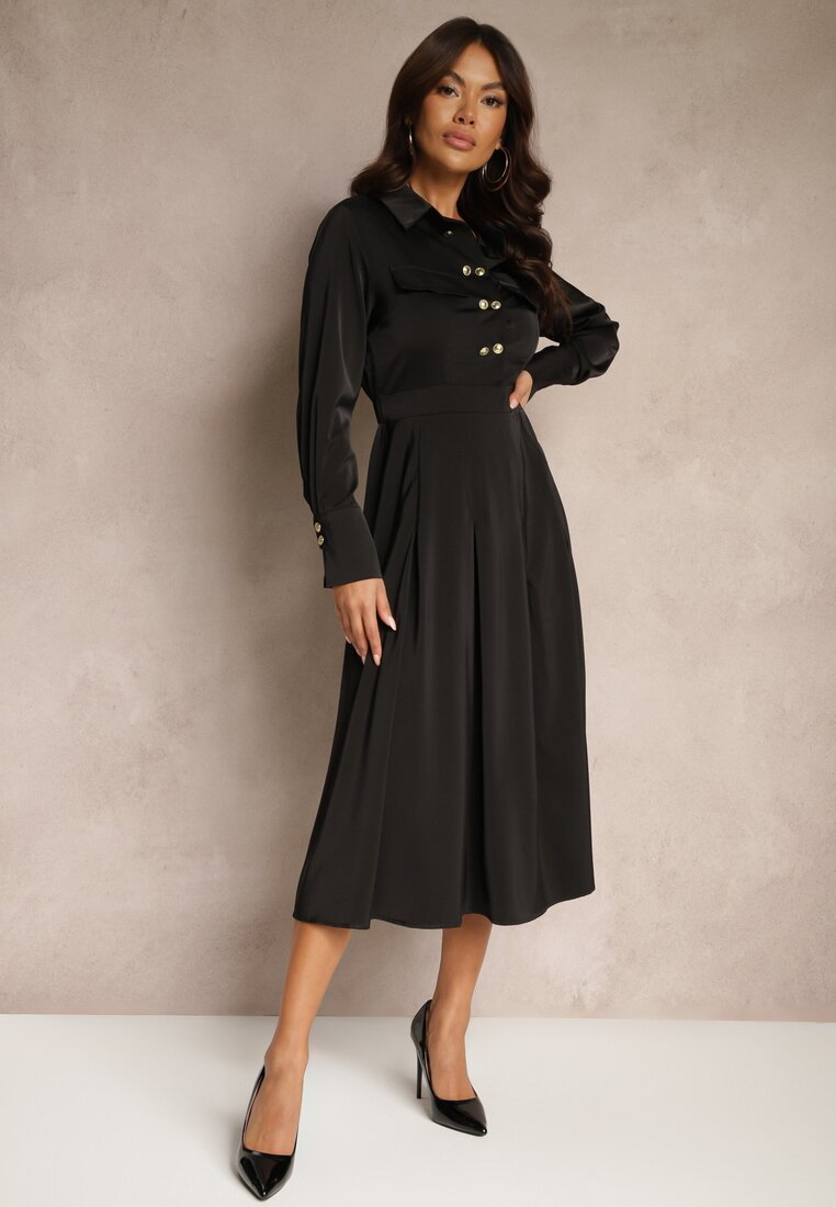 Rochie Neagră tip Cămașă cu croială evazată, cu elastic în talie și imitație de buzunare Etaviela