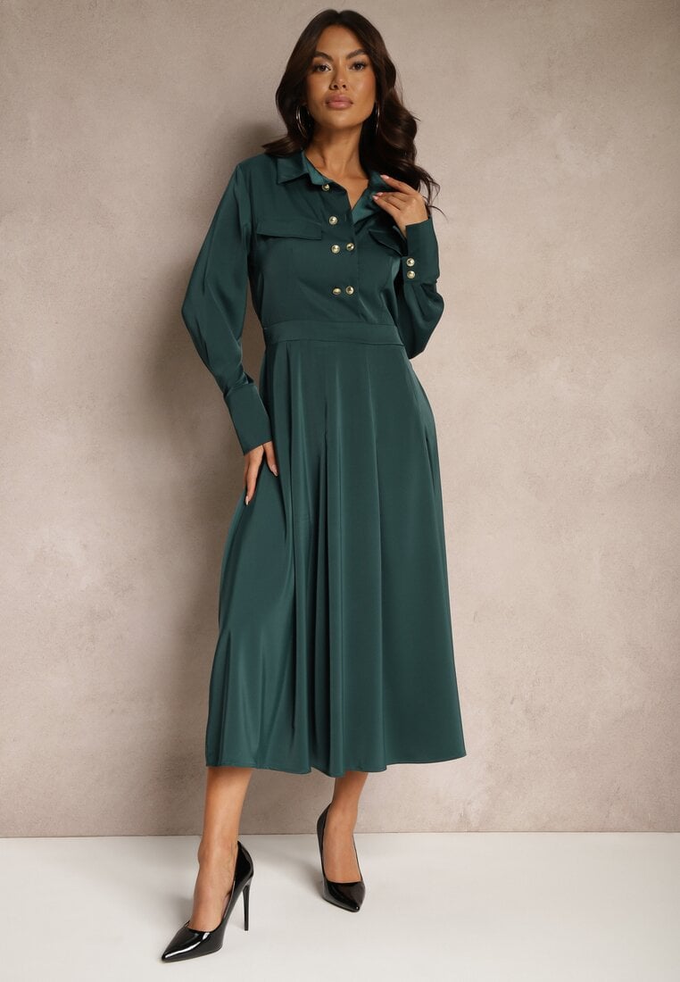 Rochie Cămașă Verde cu croi evazat cu elastic în talie și imitație de buzunare Etaviela