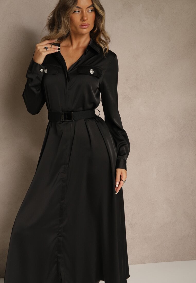 Rochie cămașă neagră din satin cu imitații de buzunare și curea Vaminay