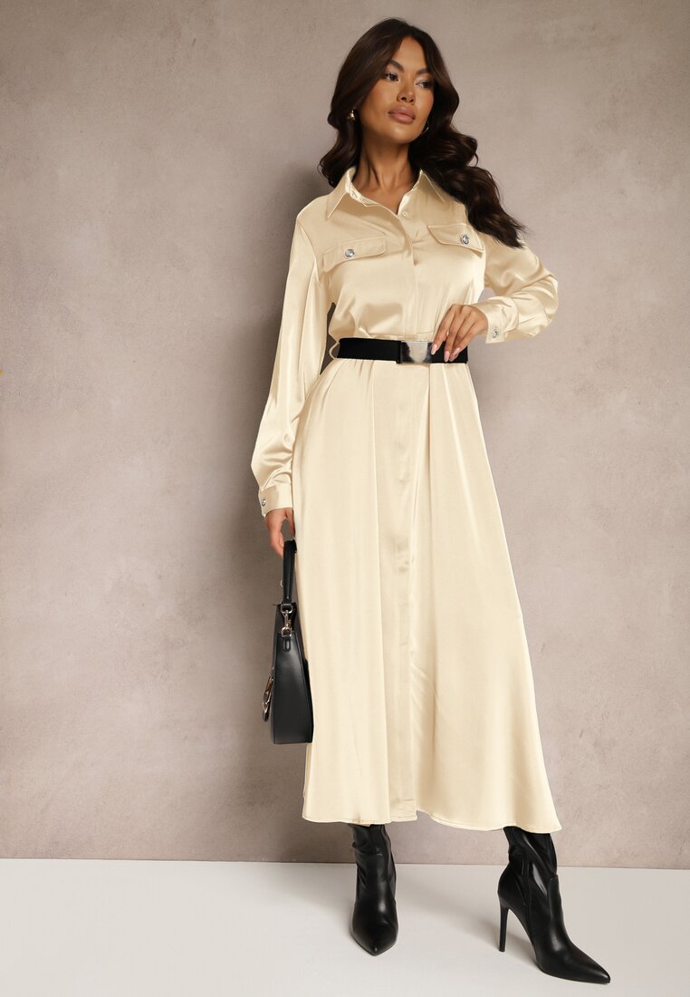 Rochie bej de satin stil cămașă cu buzunare false și curea Vaminay