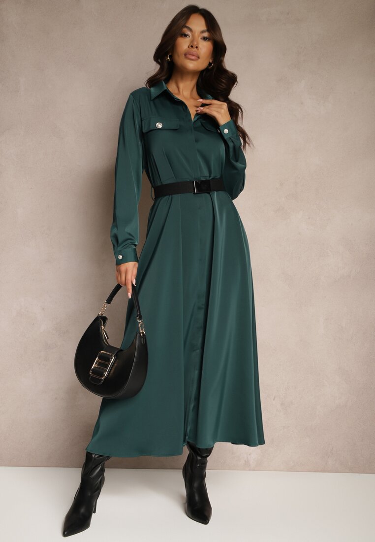 Rochie de Satin Verde camisieră cu imitații de buzunare și curea Vaminay