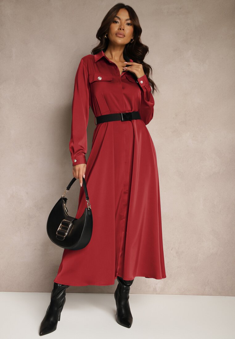 Rochie bordo de satin tip cămașă cu imitații de buzunare și curea Vaminay