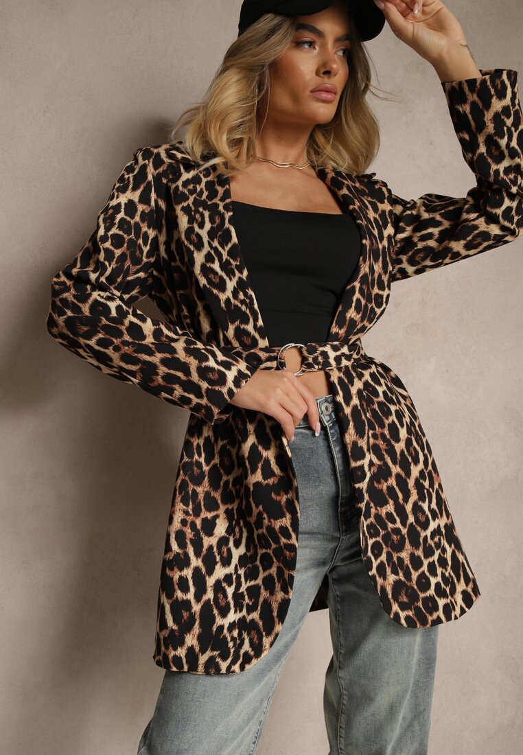 Sacou Maro cu imprimeu leopard fără închidere cu curea și umeri structurați Etanwen