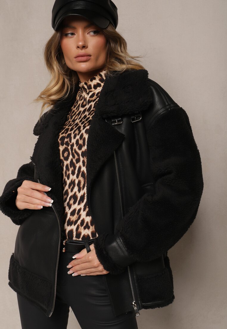Jachetă biker neagră cu blană Mysteri
