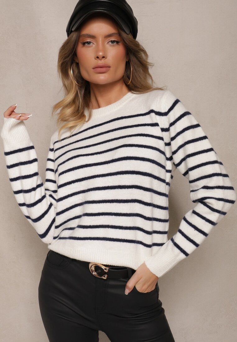 Pulover Casual Alb în dungi cu croială simplă Riavelleth