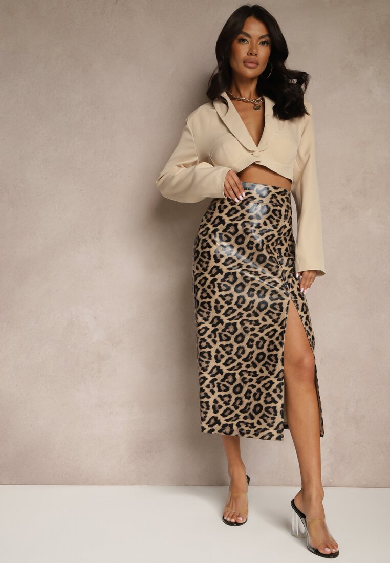 Fustă creion Maro High Waist Leopard cu șliț Tamionwea
