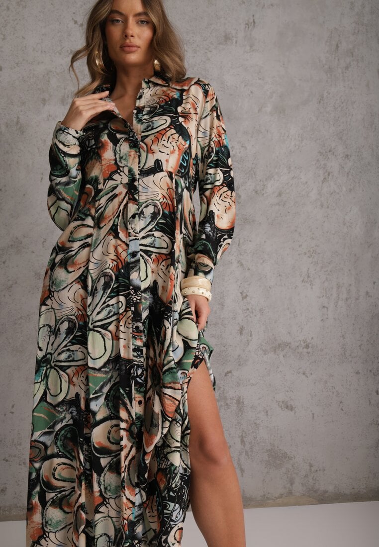 Rochie Cămașă Negru-Bej din Viscoză cu flori și nasturi la mâneci Enayira