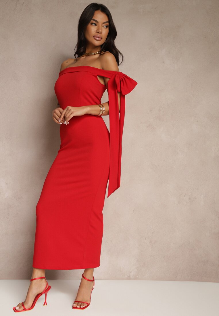Rochie roșie mulată cu decolteu tip Carmen și fundă pe umăr Emirianne