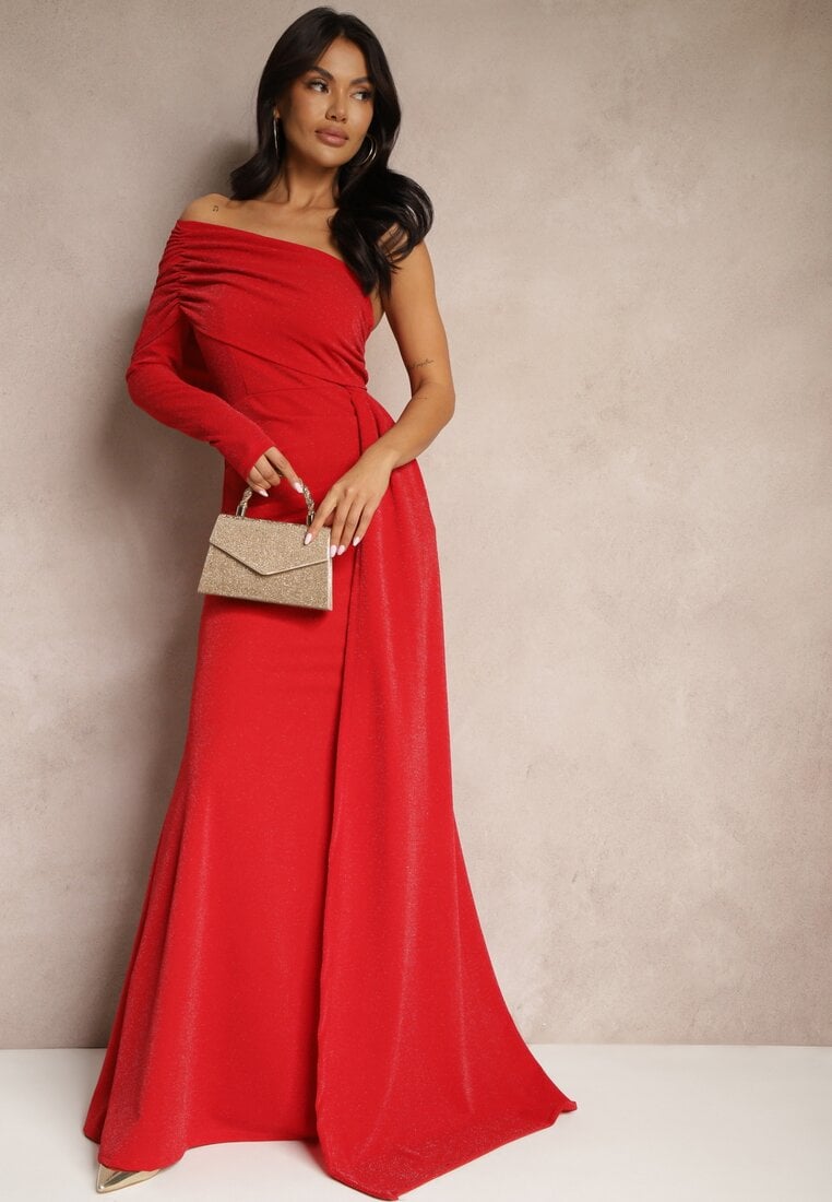 Rochie roșie de seară asimetrică pe un umăr cu trenă și fir metalic Emivonia
