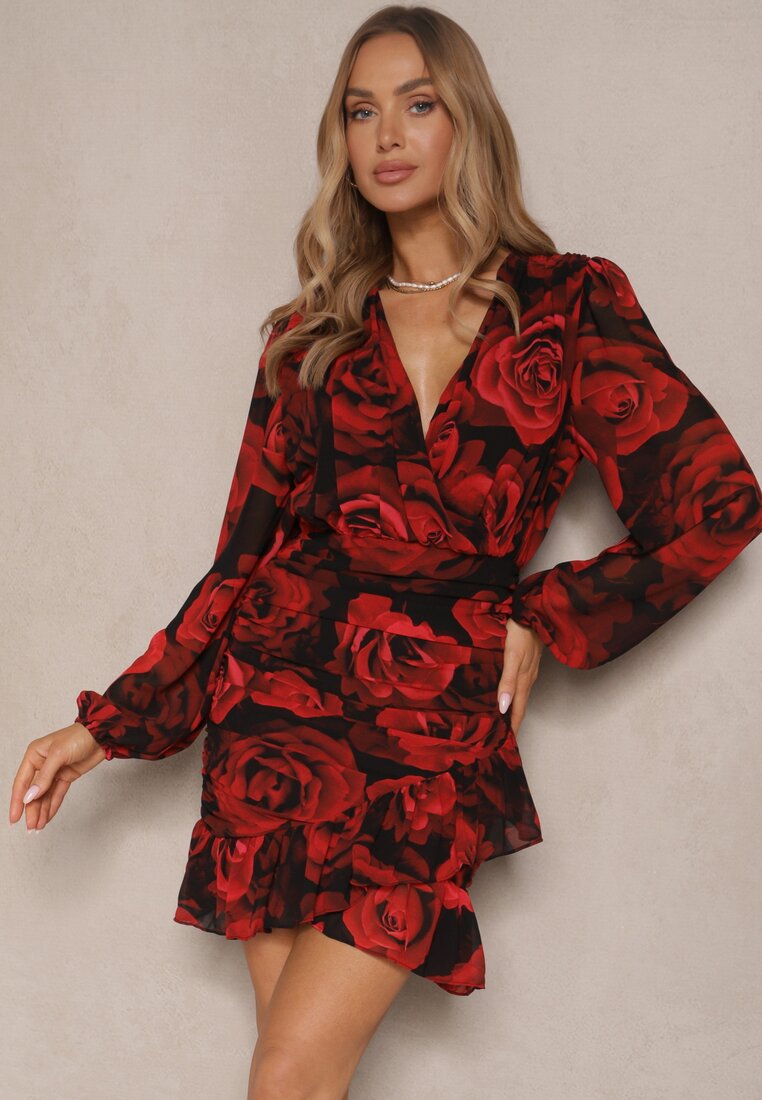 Rochie roșu-negru încrețită cu croială petrecută, cu volane și imprimeu de trandafiri Cealira