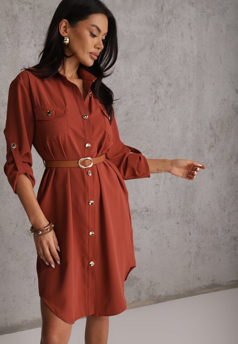 Rochie cămașă Maro Decorată cu Centură și Mânecă reglabilă Esaviona