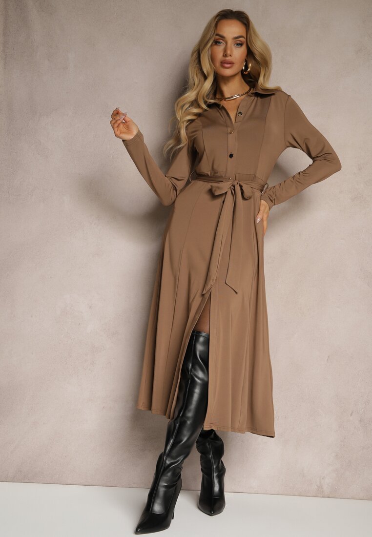 Rochie cămașă lungă bej închis cu legătură în talie Levae