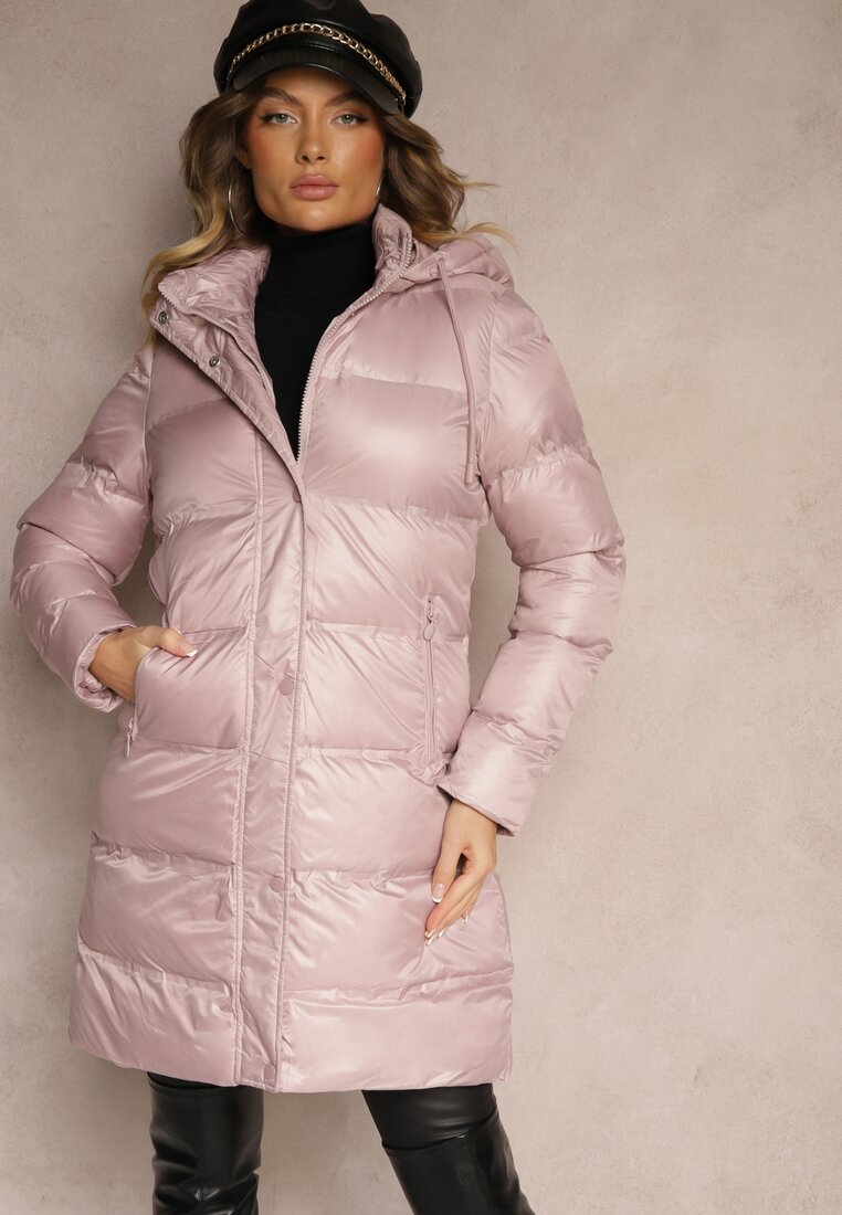 Geacă Lungă Roză Matlasată cu Glugă, Buzunare și Fermoar Dublu Sanaviel
