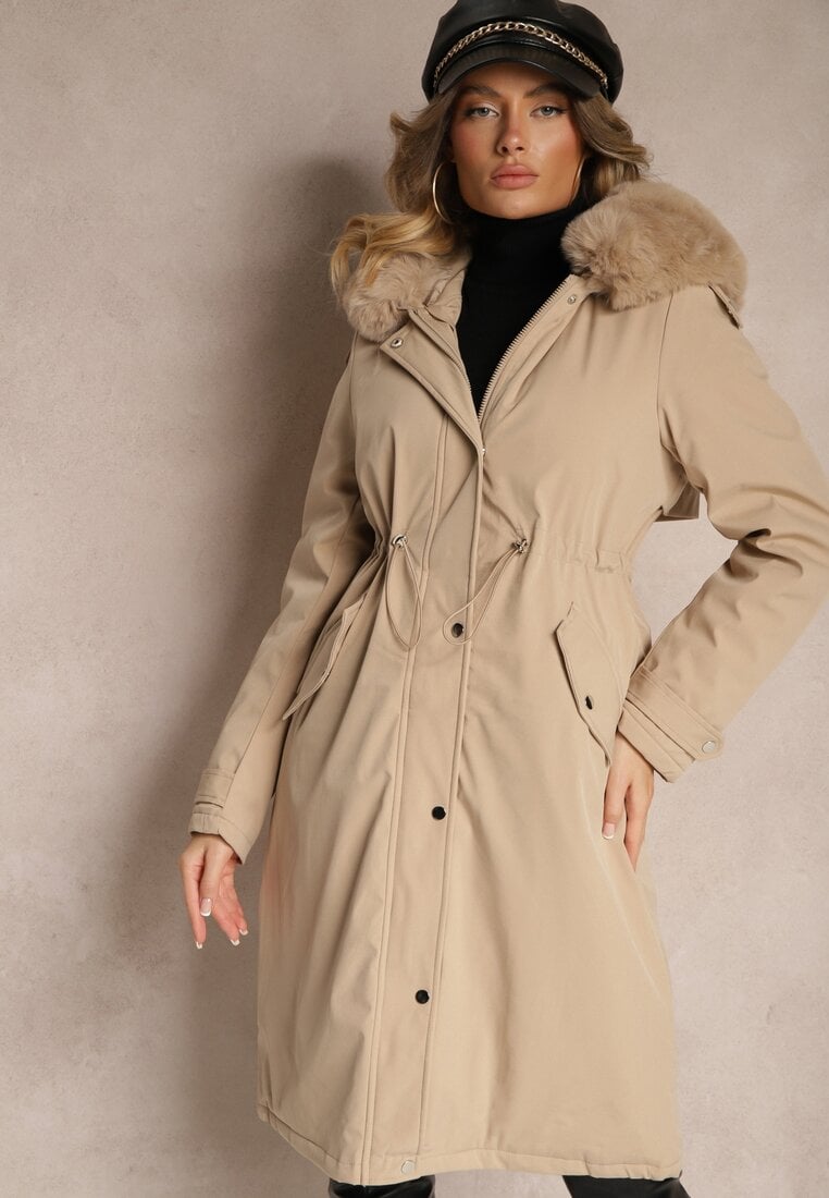 Jachetă Lungă Bej Stil Parka cu Blană Edelais