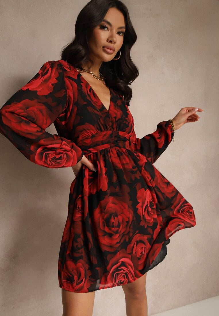 Rochie Negru-Roșie cu Trandafiri cu Croială Cloș cu Volane și Mâneci Bufante Senithwen