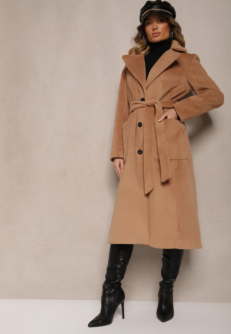 Palton lung bej la un rând de nasturi cu curea în talie Zeneti