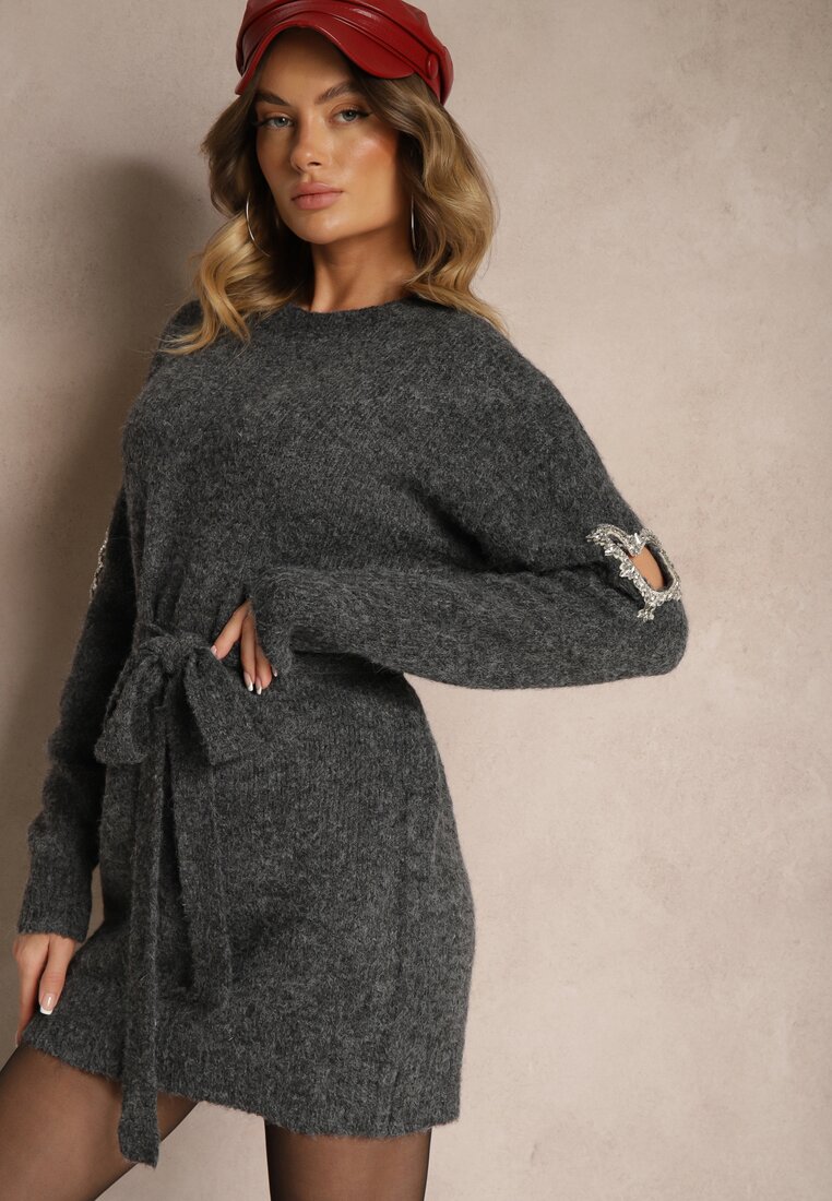 Rochie Gri închisă Tip pulover cu lână, decorată cu zirconii, curea și decupaje Zolida