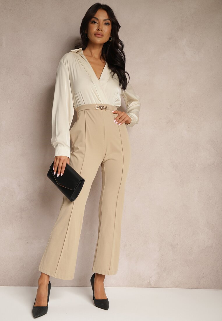 Salopetă Bej Tip plic cu Bluză tip cămașă elegantă și picioare largi Vareti
