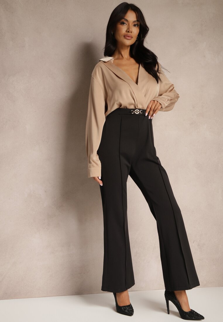 Salopetă Negru-Bej petrecută cu bluză elegantă tip cămașă și pantaloni largi Vareti