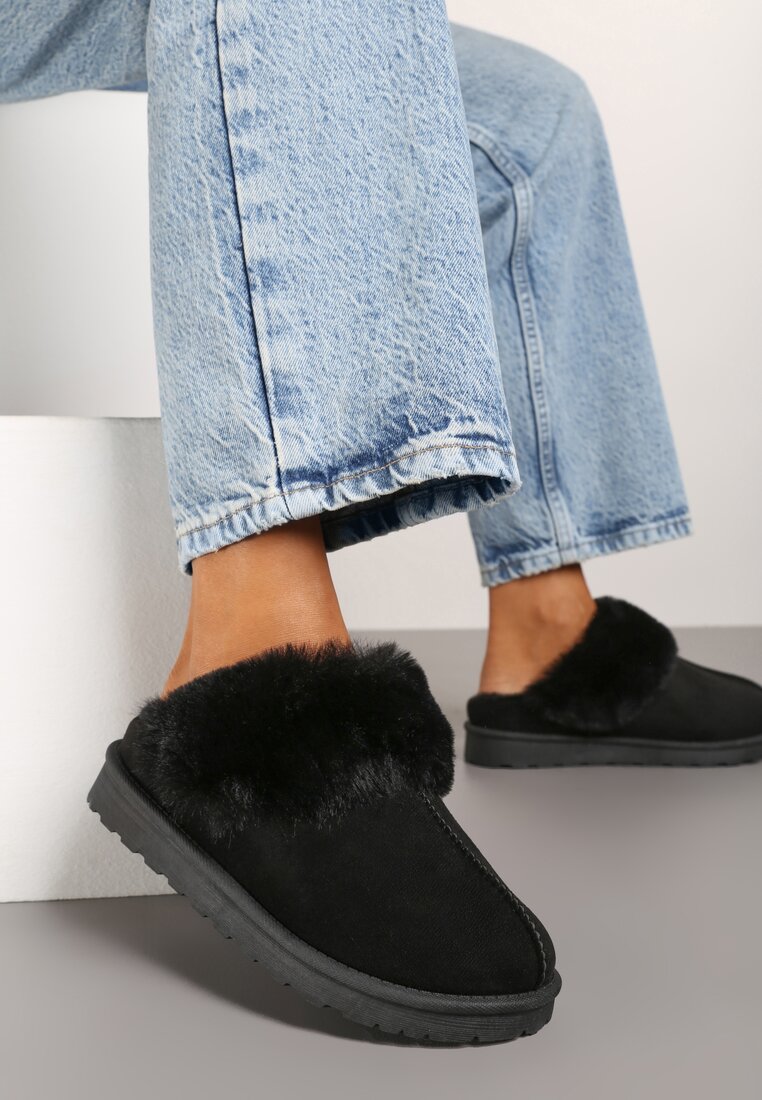 Papuci Negre din Ecosuetă cu Căptușeală de Blană Zoleti